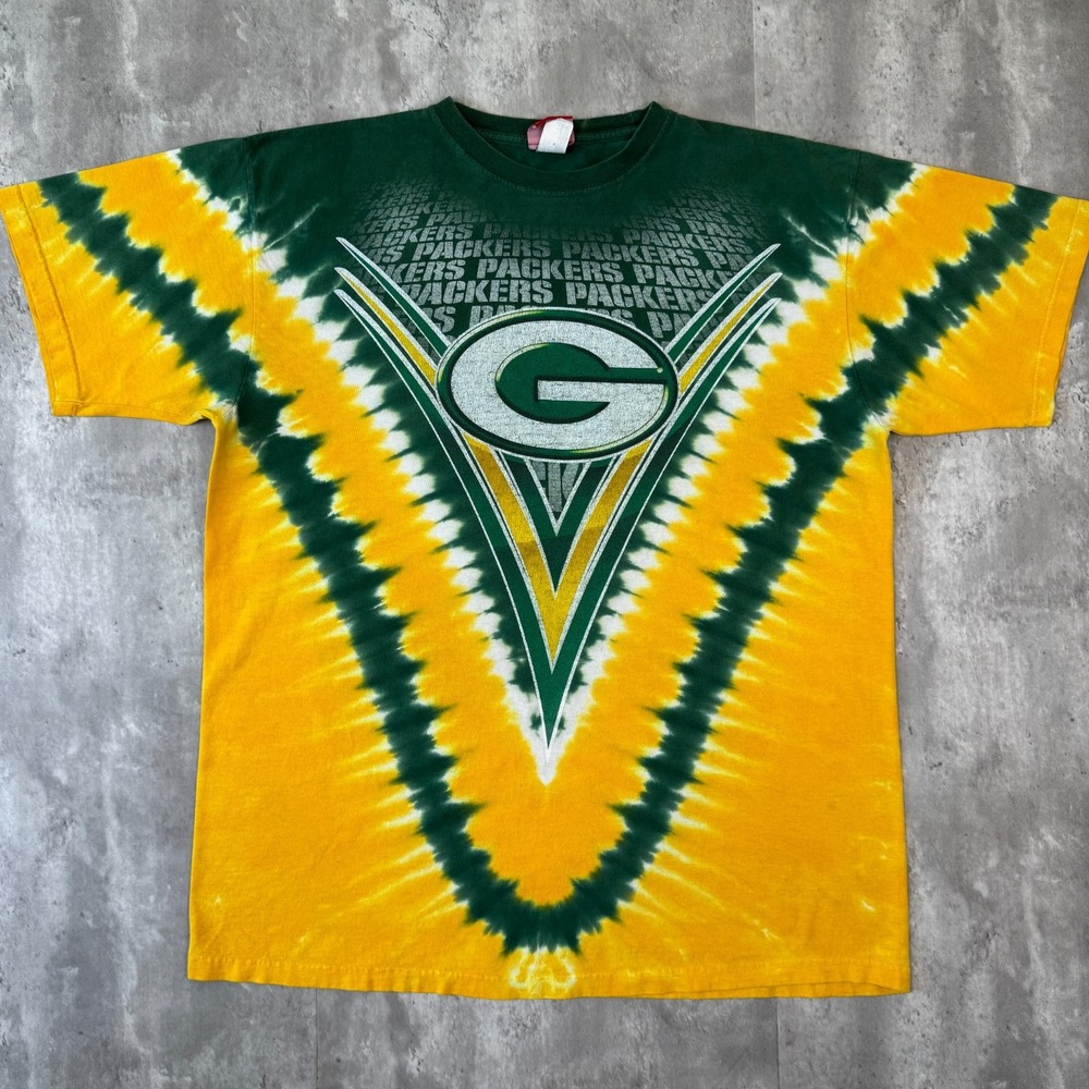Vintage Green Bay Packers T-Shirt Mens XL Yellow Tie Dye All Over Print NFL 90s
